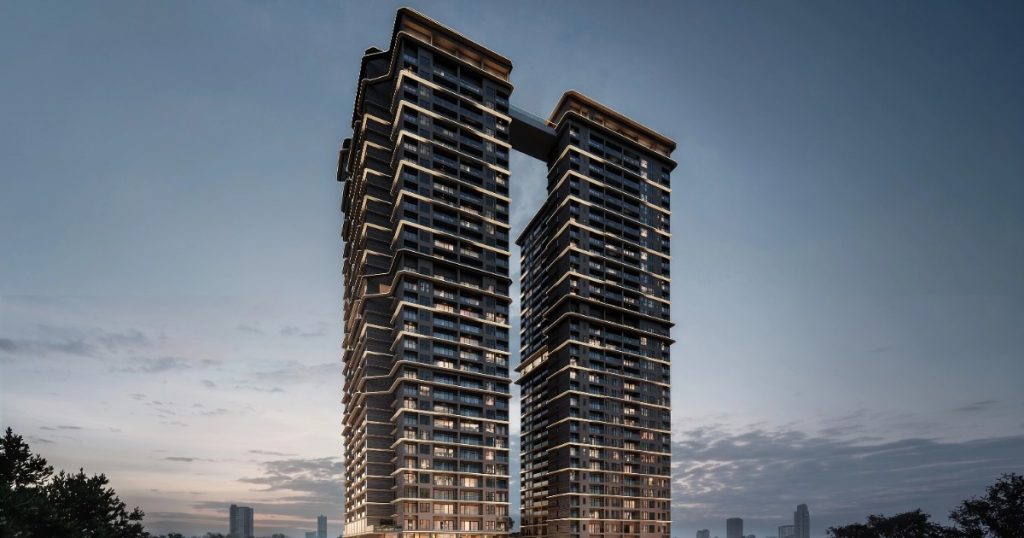 Phối cảnh hai tòa tháp căn hộ Maison Privée nhìn từ xa lúc hoàng hôn